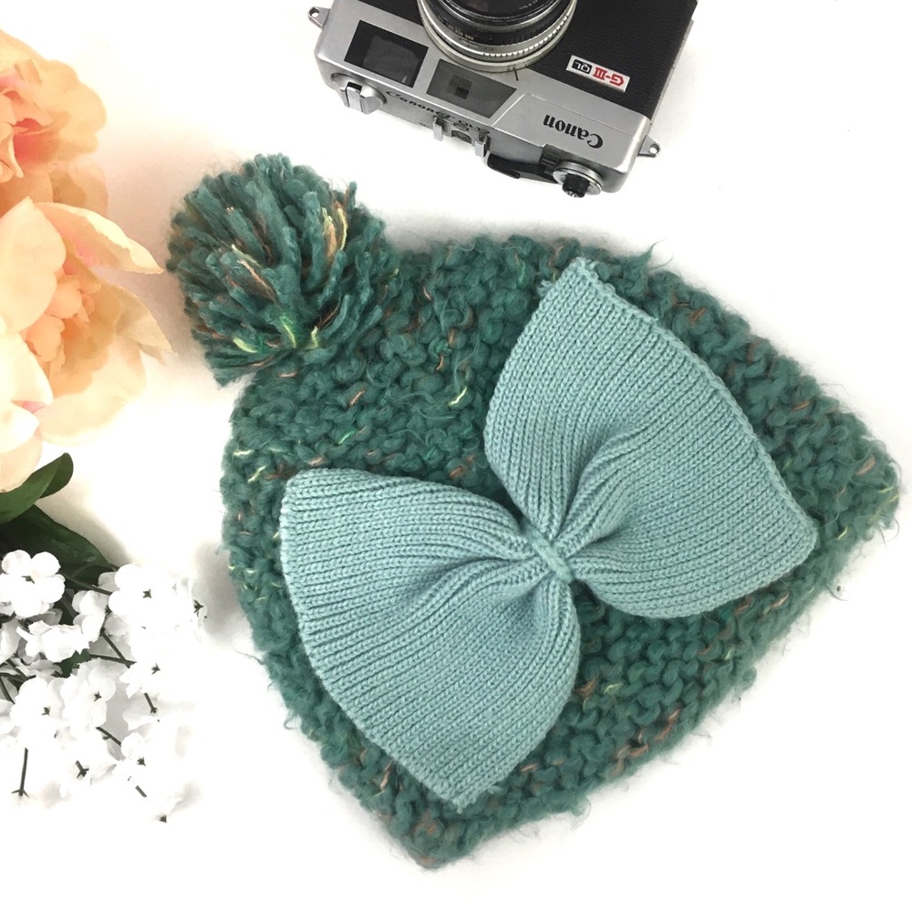 BCBGeneration Knit Bow & Pompom Teal Beanie